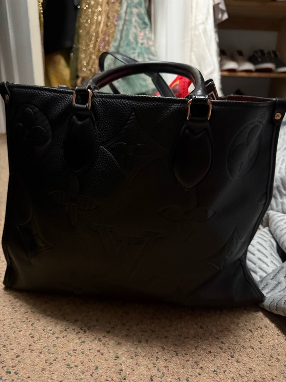 Black Embossed Leather Tote Handbag - Designer Style